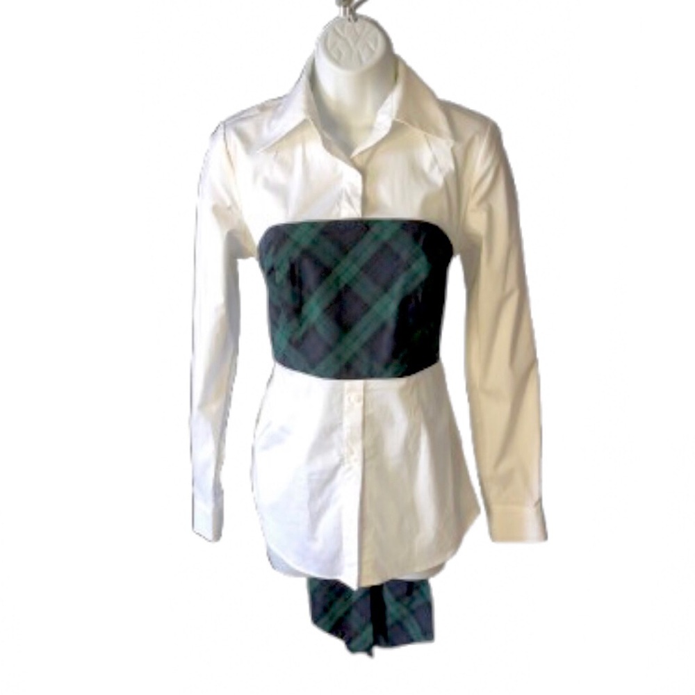 PETERSYN MONROE WHITE BLOUSE • GREEN/NAVY BUSTIER • LONG SELF TIE BACK • Sz M